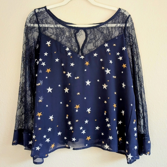 Starry Night Blouse in Midnight Blue with Lace Sleeves and Back - Picture 2 of 12